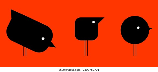 Aves negras vectoriales con fondo naranja. Afiche con aves