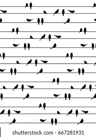 vector black birds on power line silhouette. Striped pattern.