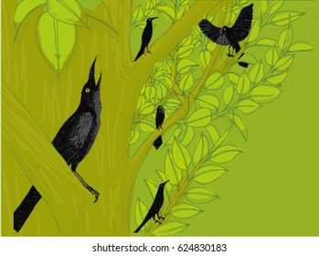 vector of black birds on a tree