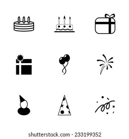 Vector black birthday icon set on white background