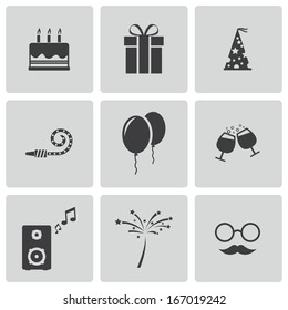 Vector black birthday icons set on white background