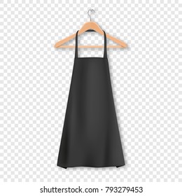 Vector black blank cotton kitchen apron with clothes wooden hanger closeup isolated on transparency grid background. Design template, mock up for branding, advertising etc. Cooking or baker concept