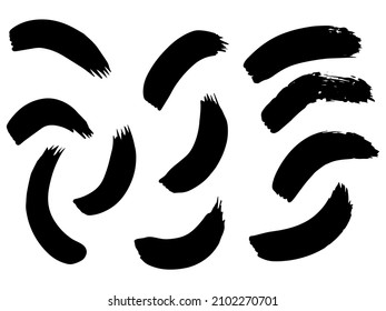Vector black blotches paint strokes in the form of arcs. Set of vector brush strokes. Dirty ink texture splatters. Grunge rectangle text boxes
