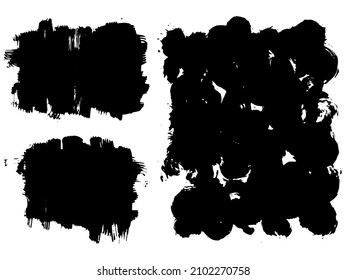 Vector black blotches paint strokes in the form of arcs. Set of vector brush strokes. Dirty ink texture splatters. Grunge rectangle text boxes
