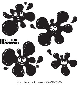 Vector black blots with smile face isolated on White background.