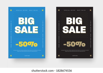 Vector black and blue banner template with white inscription "big sale", special offer and 50% discount, presentation of design and pattern with crosses. Set of posters with yellow and nude elements