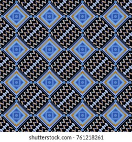 Vector black, blue and beige seamless background pattern with rhombuses.