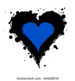 Vector black, blue graphic grunge illustration of heart sign with ink blot, brush strokes, drops isolated on the white background. Series of artistic illustration with splash, blots and brush strokes