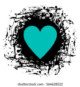 Vector black, blue graphic grunge illustration of heart sign with ink blot, brush strokes, drops isolated on the white background. Series of artistic illustration with splash, blots and brush strokes