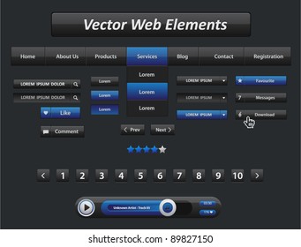 Vector black and blue web elements and audio player with control navigation panel