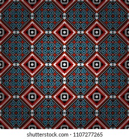 Vector black, blue and white seamless background pattern with rhombuses.