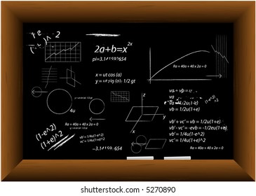 Vector - Black board in a wooden frame with two pieces of chalk with technical drawings.