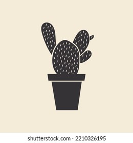 Vector black boho cactus isolated on white background. Flat succulent on doodle style illustration.