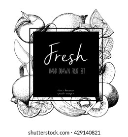 Vector black border engraved illustration of fresh fruits. Banana, kiwi, peach, lemon, orange, lime. Hand drawn set of vegetarian tasty organic food.