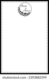 Vector - Black border or frame with wreath and word rest in peace. Black rose. End of life. Can be use for invitation, card, poster.