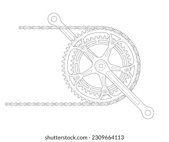 Vector black border gravel bicycle crank with chain. Isolated on white background.