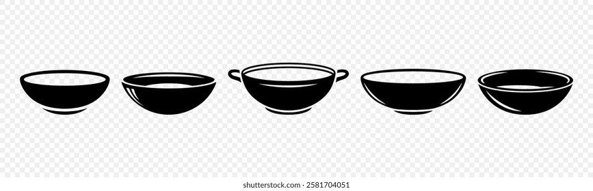 Vector Black Bowl Icons. Minimalist Food Icon Set, Soup Bowl, Cooking Dish, Modern Kitchenware Design. Elegant Tableware, Restaurant Logo, Simple Black Silhouette, Vector Dishware Illustration