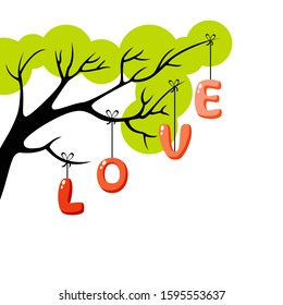 Vector black branch with pink and red letters LOVE hanging on ropes. Cartoon romatic illustration