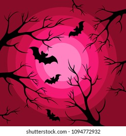 Vector black branches on a bright pink background with a moon and silhouettes of bats around. Cute Halloween card. Cartoon illustration. Dark sky. Night tree
