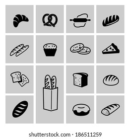 vector black bread icon set on gray