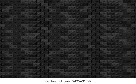 Vector black brick wall pattern horizontal background. Flat dark wall texture. Black textured brickwork for print, paper, design, decor, photo background, wallpaper.