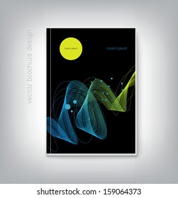 Vector black brochure cover design template with abstract dynamic wave background
