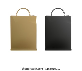 Vector Black and brown paper shopping bag blank mockup. Paper bag package isolated from white white background