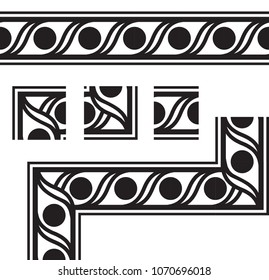 Vector black brush with wavy lines and dots. Geometric pattern for borders and frames with outer and inner corner tiles