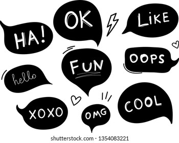Vector black bubbles with text, message symbols, direct speech and elements for design, templates.