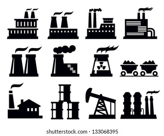 vector black building factory icon set on white