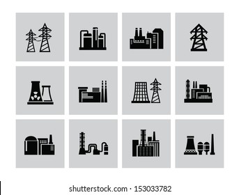 vector black building factory icon set on white