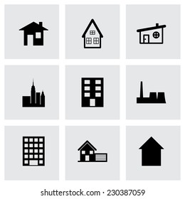 Vector black building icon set on grey background