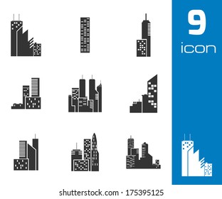 Vector black building icons set white background