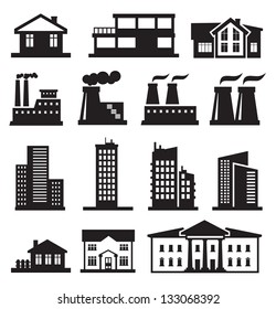 vector black buildings and factories icons set on white