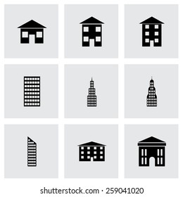 Vector black buildings icon set on grey background