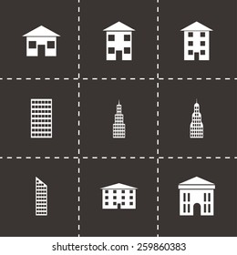 Vector black buildings icon set on black background.