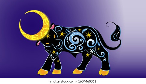 Vector black bull with blue ornament and yellow stars. Horns in the form of a luminous month and golden shovels.