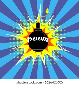 Vector Black Burning Bomb Icon. Explode Flash, Cartoon Explosion, Burst on Blue Background