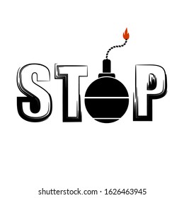 Vector Black Burning Bomb Icon and Grunge Ink Text. Stop War Banner.