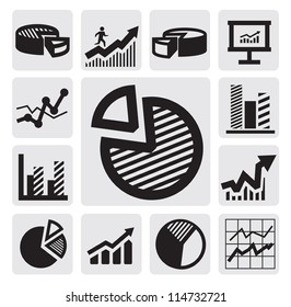 vector black business chart icons set on gray