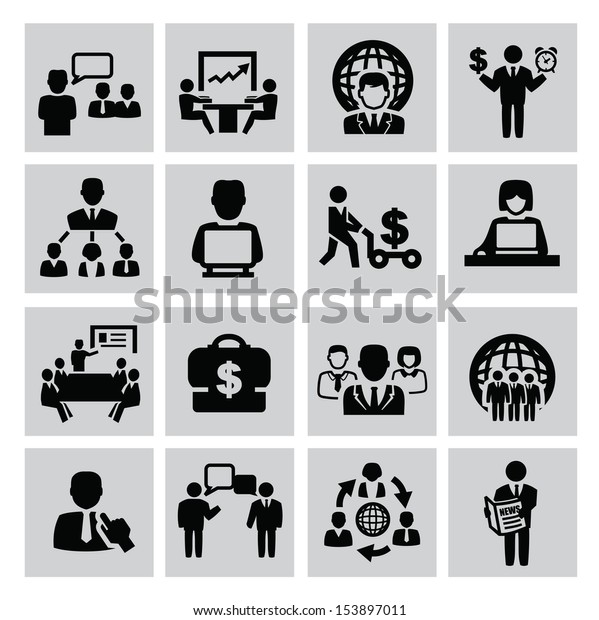vector black business icon set on gray