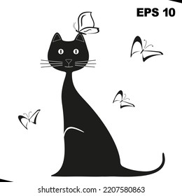 Vector black butterfly and cat is sitting. Graphic image kitty. Vector illustration kitten