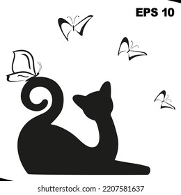 Vector black butterfly and cat is sitting. Graphic image kitty. Vector illustration kitten