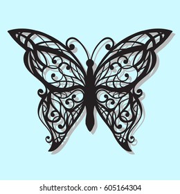 Vector, black butterfly on a blue background. Laser cutting
