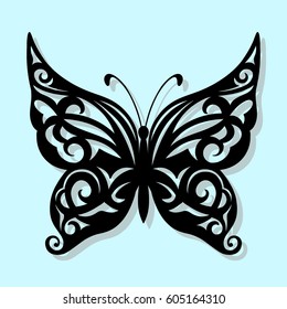 Vector, mariposa negra sobre fondo azul. Corte láser