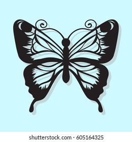 Vector, black butterfly on a blue background. Laser cutting