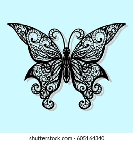 Vector, black butterfly on a blue background. Laser cutting