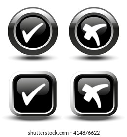 Vector black buttons with white simple check mark symbols, square and circle buttons