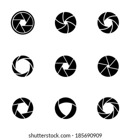 Vector black camera shutter icons set on white background