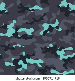 
Patrón de camuflaje negro vectorial, manchas azules, impresión repetida. Ornamento